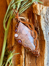 Load image into Gallery viewer, Artisan cab (positive rocks) purple imperial jasper with amethyst + lepidolite gem accents wire wrapped pendant necklace