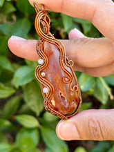 Load image into Gallery viewer, Artisan cab (positive rocks) carnelian druzy with rose quartz + hematite gem accents wire wrapped pendant necklace