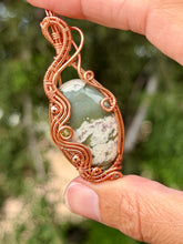 Load image into Gallery viewer, Peace jade with copper coated hematite + peridot gem accents wire wrapped pendant necklace