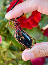 Load image into Gallery viewer, Eudialyte with obsidian gem accent wire wrapped pendant necklace