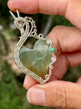 Load image into Gallery viewer, Green fluorite heart with rose quartz + turquoise gem accents wire wrapped pendant necklace