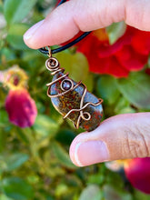 Load image into Gallery viewer, Morrocan seam agate with garnet gem accents wire wrapped pendant necklace