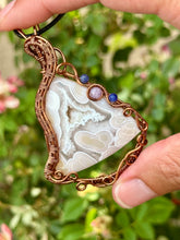 Load image into Gallery viewer, Reserved for Ann C White Tube Agate (cab by positive rocks) with sodalite + lepidolite inclusions wire wrapped talisman pendant necklace