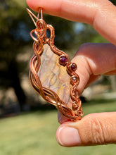 Load image into Gallery viewer, Artisan cab (positive rocks) purple imperial jasper with amethyst, garnet, hematite gem accents wire wrapped pendant necklace