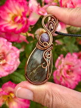 Load image into Gallery viewer, Labradorite with lepidolite gem accent wire wrapped pendant necklace