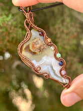 Load image into Gallery viewer, Artisan cab (positive rocks) Indonesian Moss agate with White tube agate + chakra gem accents wire wrapped pendant necklace