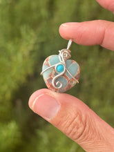 Load image into Gallery viewer, Sea sediment jasper with turquoise gem accent heart mini wire wrapped pendant necklace