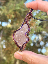 Load image into Gallery viewer, Reserved for Kimberly p DUO TONED WIRE + DESIGNER CAB amethyst spirit druzy quartz with amethyst + tourmaline inclusions Wire wrapped pendant