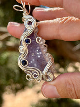 Load image into Gallery viewer, Artisan cab (positive rock) half polished grape agate with lapis lazuli + pearl gem accents wire wrapped pendant necklace