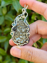 Load image into Gallery viewer, Pyrite druzy with blue apatite + sapphire gem accents wire wrapped pendant necklace