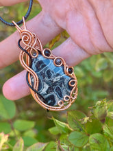 Load image into Gallery viewer, ARTISAN CAB (positive rocks) thousand eye jasper with black tourmaline + rutile quartz gem accents wire wrapped pendant necklace