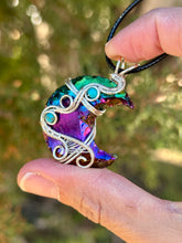 Load image into Gallery viewer, Titanium aura obsidian moon with turquoise + amethyst gem accents wire wrapped pendant necklace