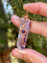Load image into Gallery viewer, Chevron Amethyst with lapis lazuli gem accent Mini wire wrapped pendant necklace