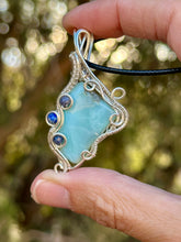 Load image into Gallery viewer, Reserved for Amy g Larimar with sapphire + lapis lazuli inclusions wire wrapped pendant