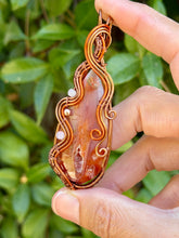 Load image into Gallery viewer, Artisan cab (positive rocks) carnelian druzy with rose quartz + hematite gem accents wire wrapped pendant necklace