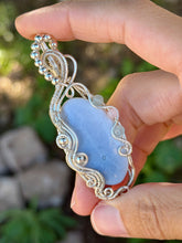 Load image into Gallery viewer, Blue owhyee opal with aquamarine + rose quartz gem accents wire wrapped pendant necklace