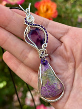 Load image into Gallery viewer, Trapiche amethyst with atlantasite double wire wrapped pendant necklace