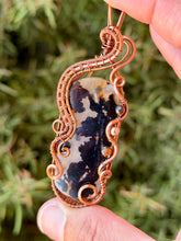 Load image into Gallery viewer, Artisan cab (positive rocks) dendritic agate with tiger eye + hematite gem accents wire wrapped pendant necklace