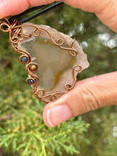 Load image into Gallery viewer, Agate with sapphire + tigers eye gem accents wire wrapped pendant necklace