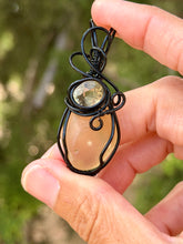 Load image into Gallery viewer, Libyan desert glass with faceted citrine gem accent wire wrapped pendant necklace