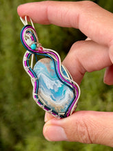 Load image into Gallery viewer, Artisan cab (positive rocks) Aurora Opal/Plume Agate with moonstone, turquoise, raspberry jade gem accents wire wrapped pendant necklace