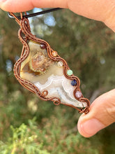 Load image into Gallery viewer, Artisan cab (positive rocks) Indonesian Moss agate with White tube agate + chakra gem accents wire wrapped pendant necklace