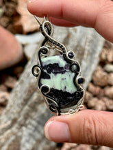 Load image into Gallery viewer, Artisan cab (johari gems) kammererite with blue goldstone + labradorite gem accents wire wrapped pendant necklace