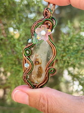 Load image into Gallery viewer, Artisan cab (johari gems) garden quartz with tree agate, peridot, moonstone gem accents wire wrapped pendant necklace