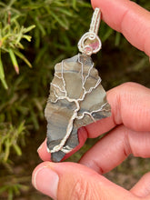 Load image into Gallery viewer, Gray Stripe Obsidian with Watermelon Tourmaline slice gem accent wire wrapped pendant necklace