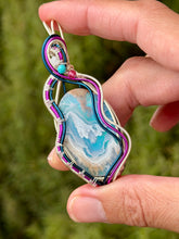 Load image into Gallery viewer, Artisan cab (positive rocks) Aurora Opal/Plume Agate with moonstone, turquoise, raspberry jade gem accents wire wrapped pendant necklace