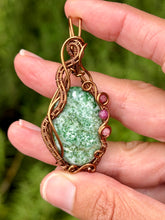 Load image into Gallery viewer, Green diopside with pink tourmaline + ruby gem accents wire wrapped pendant necklace