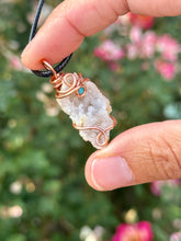 Load image into Gallery viewer, Snow druzy quartz with turquoise gem accents wire wrapped pendant necklace