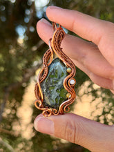 Load image into Gallery viewer, Artisan cab (johari gems) green jade + green turquoise + moonstone gem accent wire wrapped pendant necklace