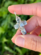 Load image into Gallery viewer, Kiwi jasper mini cross with aquamarine gem accent wire wrapped pendant necklace
