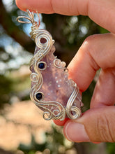 Load image into Gallery viewer, Artisan cab (positive rock) half polished grape agate with lapis lazuli + pearl gem accents wire wrapped pendant necklace