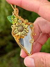 Load image into Gallery viewer, Artisan cab (positive rock) scenic maligano jasper serpentine + green aventurine with gem accents wire wrapped pendant necklace