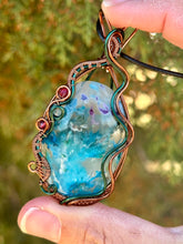 Load image into Gallery viewer, ARTISAN STONE (Ibrahim Opic) Blue (dyed) plume agate with raspberry jade + blue kyanite gem accents wire wrapped pendant necklace