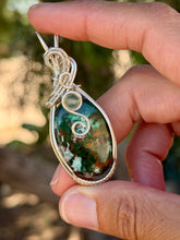 Load image into Gallery viewer, Green chrysocolla with green fluorite gem accent wire wrapped pendant necklace