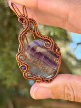 Load image into Gallery viewer, Rainbow fluorite with blue kyanite + amethyst gem accents wire wrapped pendant necklace