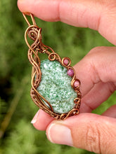 Load image into Gallery viewer, Green diopside with pink tourmaline + ruby gem accents wire wrapped pendant necklace