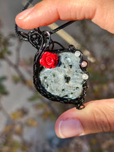Load image into Gallery viewer, Larvikite with labradorite + strawberry quartz gem accents wire wrapped pendant necklace