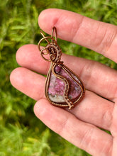 Load image into Gallery viewer, Pink cobalt calcite + ruby gem accent wire wrapped pendant necklace