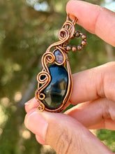 Load image into Gallery viewer, Blue Tiger eye with charoite gem accents wire wrapped pendant necklace