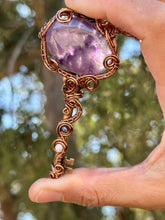 Load image into Gallery viewer, Reserved for Meredith T Trapiche amethyst with lapis lazuli + moonstone inclusions key Wire wrapped pendant