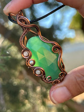 Load image into Gallery viewer, Faceted green onyx with moonstone + pearl gem accents wire wrapped pendant necklace