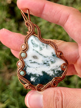 Load image into Gallery viewer, Artisan cab (johari gems) tree agate with chrysoprase + peach moonstone gem accents wire wrapped pendant necklace