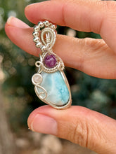Load image into Gallery viewer, Larimar with lepidolite + rose quartz gem accent wire wrapped pendant necklace