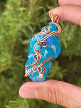 Load image into Gallery viewer, Aqua aura quartz cluster with lapis lazuli + magnesite gem accents wire wrapped pendant necklace
