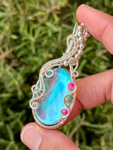 Load image into Gallery viewer, Angel aura quartz with pink agate + sea sediment jasper gem accents wire wrapped pendant necklace