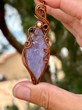Load image into Gallery viewer, Artisan cab (positive rock) grape agate with pearl + blue goldstone gem accents wire wrapped pendant necklace